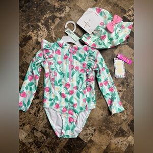 NWT Tommy Bahama Kids Swim One Piece with hat strawberry 🍓 18-24 months